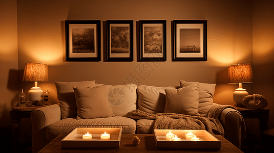 客厅沙发茶几上点燃的蜡烛背景图片