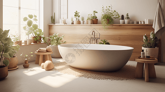 卵石地板和盆栽植物的水疗式浴室图片