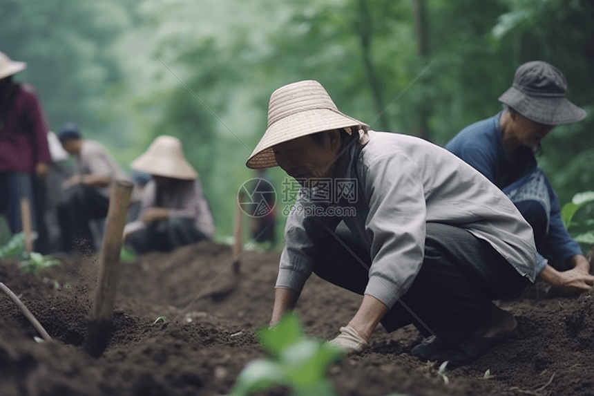 一群村民植树图片