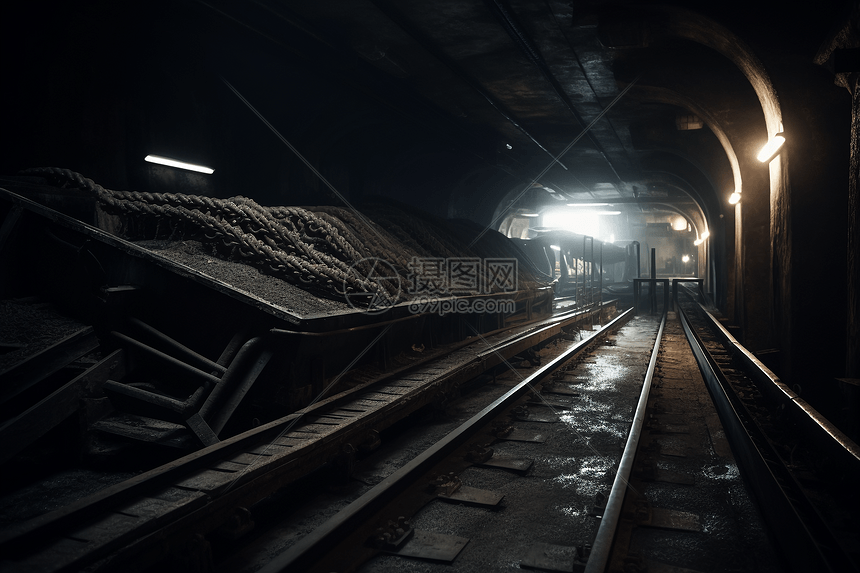 黑暗的矿洞铁路运输图片