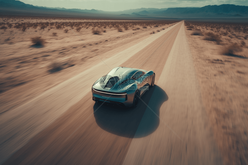 在沙漠公路上的新能源赛车图片