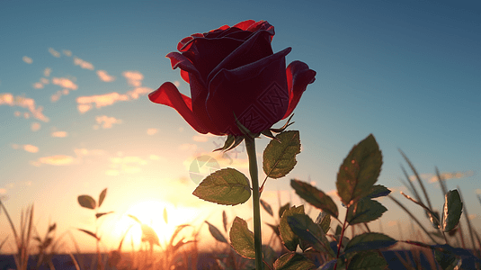 在天空的背景下一朵带有绿色茎的红玫瑰背景图片