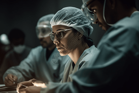 一名女外科医生专心致志和她的团队在做手术图片素材