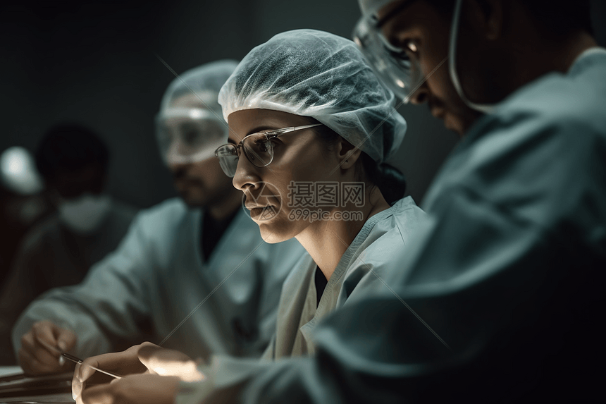 一名女外科医生专心致志和她的团队在做手术图片
