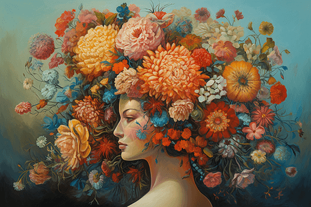 女孩头上长满鲜花的超现实主义的画图片