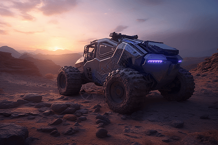 日落下无人驾驶汽车穿越沙漠图片