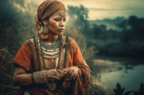 自然风景背景前的一个具有传统服装和配饰的土著妇女图片