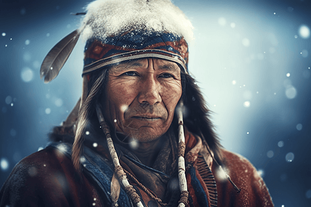 身穿传统服装在冰天雪地里的北欧民族萨米人图片