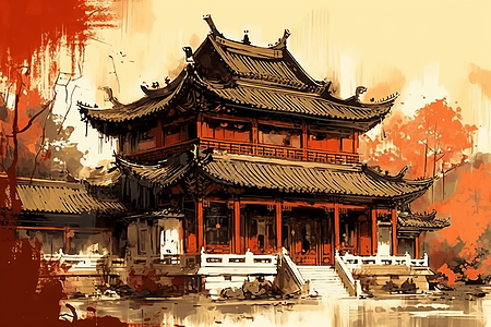 红色的中国建筑图片