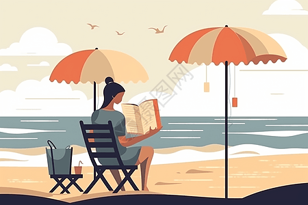 在海边阅读书籍的女孩图片