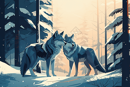 雪后森林里的二只狼背景图片