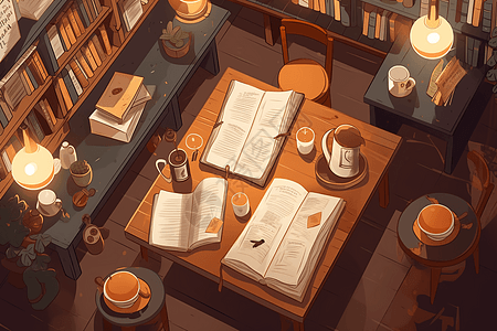 桌子上的书籍和咖啡图片