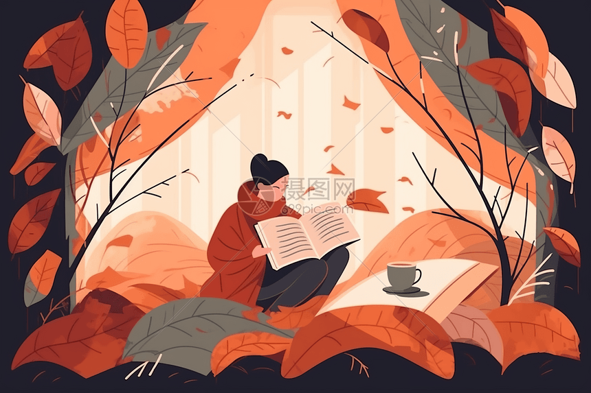 在秋天草地落叶里看书的女孩图片