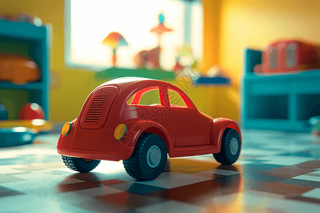 车卡通玩具车在儿童游戏室的地上背景
