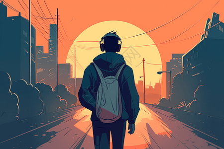 背包背影男生带着耳机听音乐走向落日的背影插画