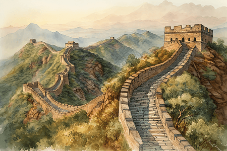历史墙沿着山脉蜿蜒的城墙插画