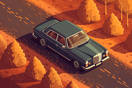 棕色汽车乡村道路和小汽车插画
