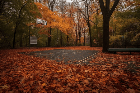 秋天里公园篮球场的树叶图片