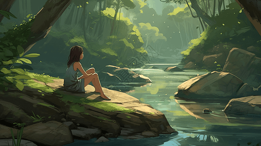女孩坐在小溪边图片