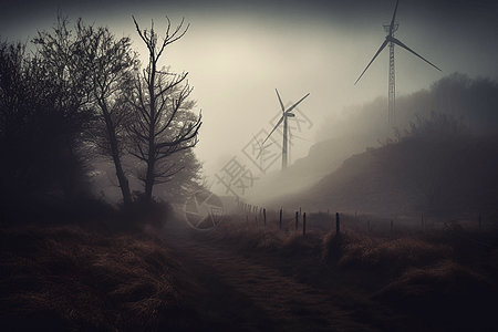 雾蒙蒙环境中的风车图片