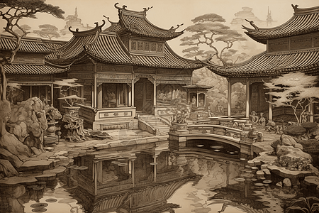 中国庭院的详细水墨画图片