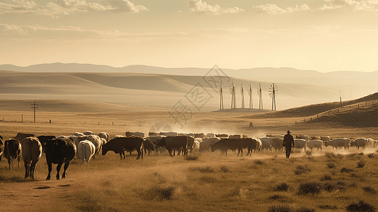风力发电养牛场图背景图片
