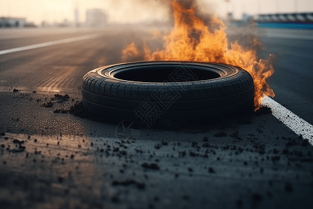 赛道上燃烧的汽车轮胎图片