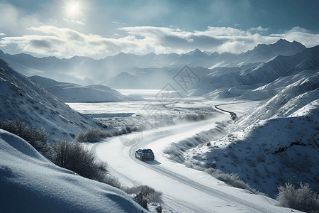 一辆汽车驶过积雪覆盖的山谷图片