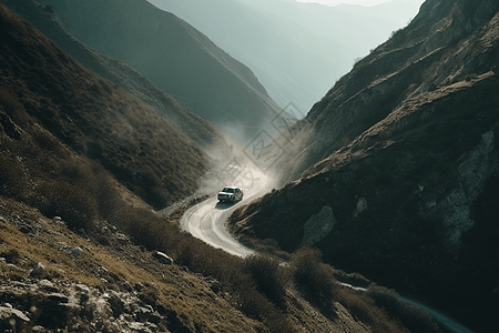 汽车穿过陡峭的山口高清图片