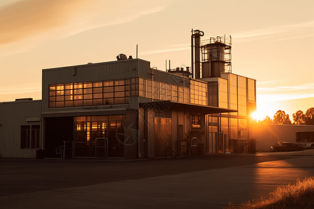 日落时工厂外观植物景观图图片
