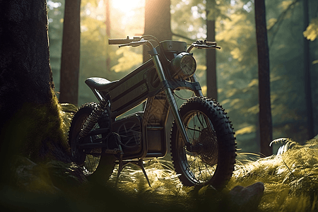 森林中电动摩托车特写图背景图片