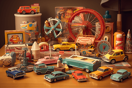 汽车3D模型老式玩具和游戏的集合背景