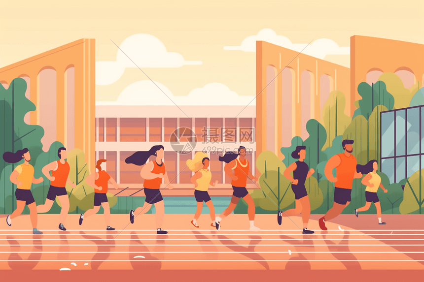 学生操场跑步的平面插图图片