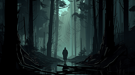 在黑暗森林里探险的人卡通插图背景图片
