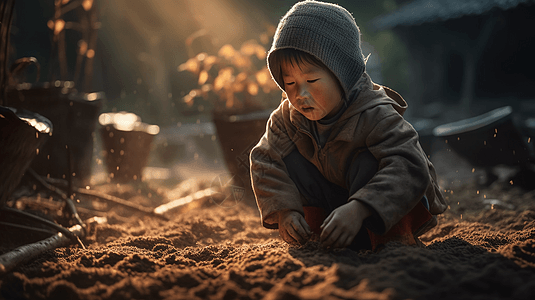 一个中国小男孩在春天帮助家人播种图片