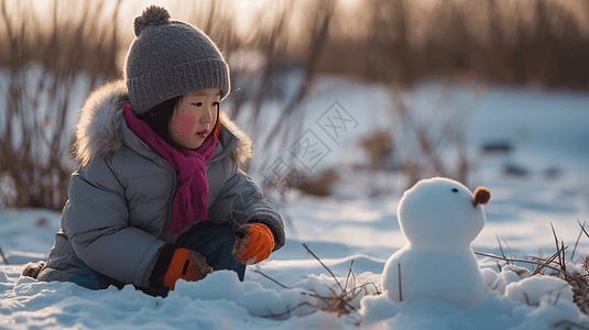 一个中国小姑娘在雪中堆雪人图片