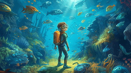 探索海底世界的大胆男孩卡通插图背景图片