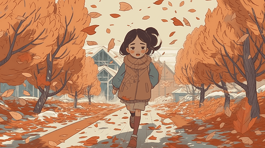 一个中国小女孩踩在落叶上卡通插图高清图片