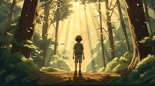 站在森林空地上的男孩卡通插图图片