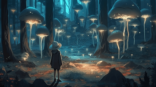 长袍风衣男孩行走在蘑菇森林里卡通插图图片