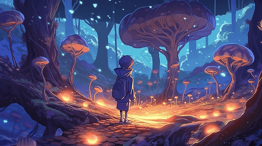 发光蘑菇背包男孩行走在蘑菇森林里卡通插图插画