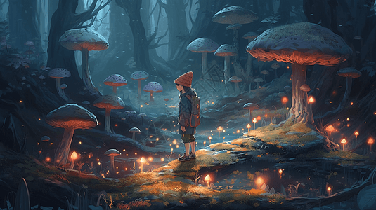 毛线帽动漫男孩站在蘑菇森林里卡通插图图片