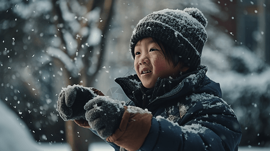 穿着暖和的衣服的中国小男孩打雪仗高清图片