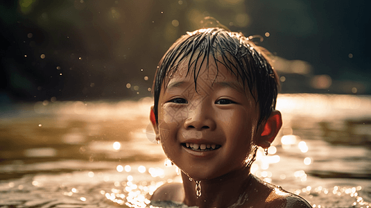 一个中国小男孩在河边的水中玩耍图片