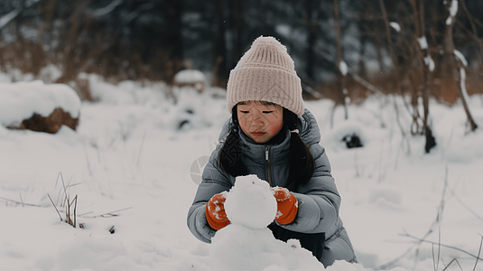 堆雪人的中国小姑娘图片