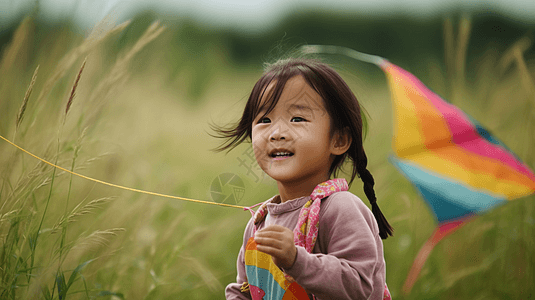 一个中国小女孩在草地上放风筝图片