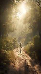 沿着土路穿过森林的女孩插画