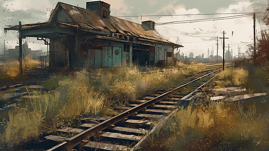 废弃的火车站绘画插图图片
