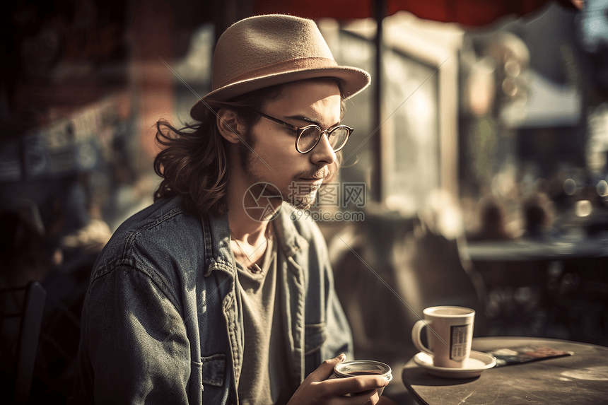 坐在咖啡店的男人图片