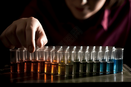 化学反应: 装有不同颜色液体的冒泡试管的特写镜头，实验室技术人员近距离研究它们。中旅现实照片，具有中性背景，高渲染和自然采光。图片